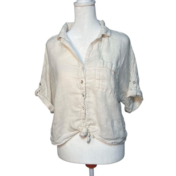 cloth & stone Tops - Cloth & Stone Anthropologie 100% Linen White Tie-Front Short Sleeve Crop Blouse